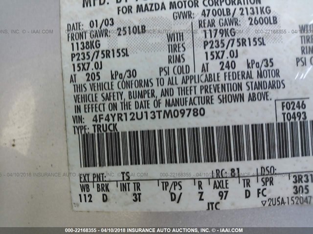 4F4YR12U13TM09780 - 2003 MAZDA B3000 SILVER photo 9
