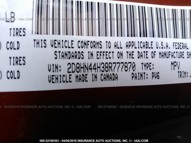 2D8HN44H38R777870 - 2008 DODGE GRAND CARAVAN SE ORANGE photo 9