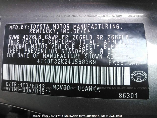 4T1BF32K24U588369 - 2004 TOYOTA CAMRY LE/XLE/SE GRAY photo 9