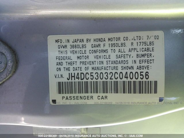 JH4DC53032C040056 - 2002 ACURA RSX TYPE-S SILVER photo 9