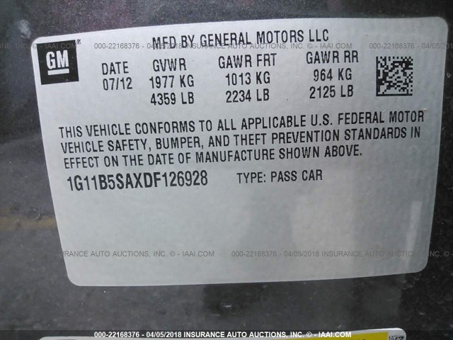 1G11B5SAXDF126928 - 2013 CHEVROLET MALIBU LS 灰色 照片 9