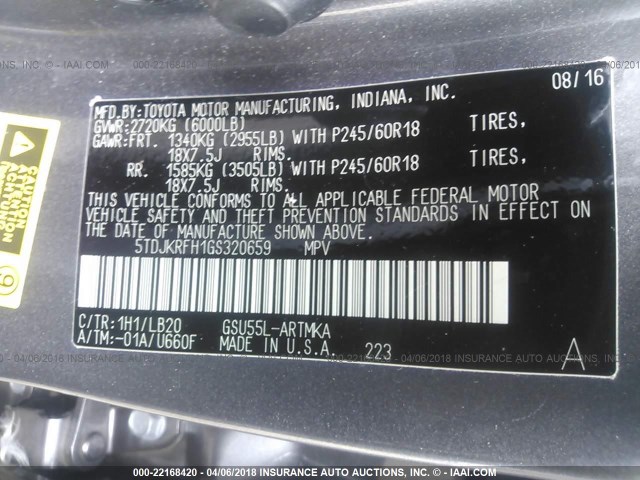 5TDJKRFH1GS320659 - 2016 TOYOTA HIGHLANDER XLE ფერფლისფერი ფოტო 9