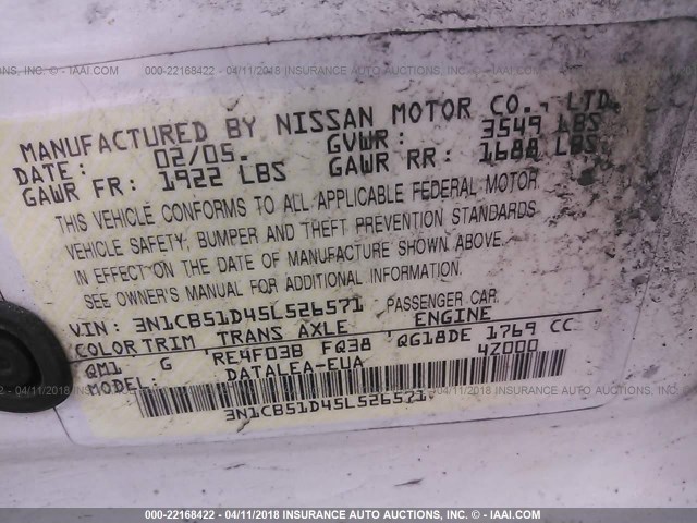 3N1CB51D45L526571 - 2005 NISSAN SENTRA 1.8/1.8S WHITE photo 9