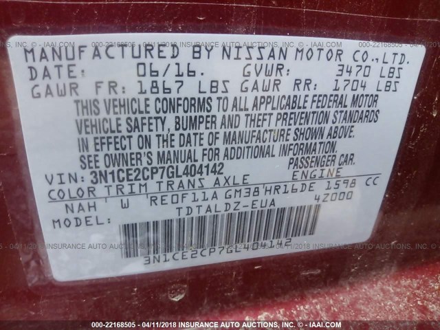 3N1CE2CP7GL404142 - 2016 NISSAN VERSA NOTE S/S PLUS/SV/SL/SR RED photo 9