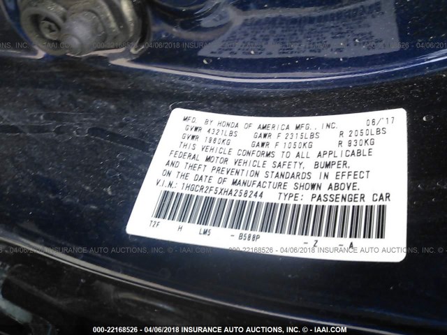 1HGCR2F5XHA258244 - 2017 HONDA ACCORD SPORT 蓝色 照片 9