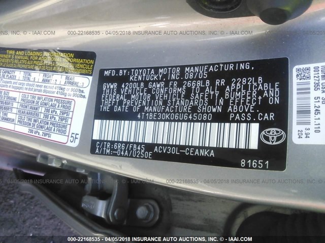 4T1BE30K06U645080 - 2006 TOYOTA CAMRY LE/XLE/SE GRAY photo 9