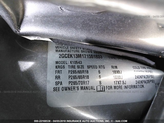 2GCEK13M171551833 - 2007 CHEVROLET SILVERADO K1500 CREW CAB SILVER photo 9