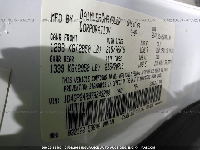 1D4GP24R97B243290 - 2007 DODGE GRAND CARAVAN SE WHITE photo 9