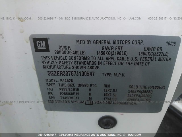 5GZER33767J100547 - 2007 SATURN OUTLOOK SPECIAL თეთრი ფოტო 9