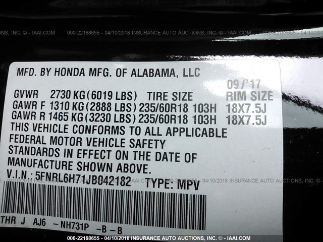 5FNRL6H71JB042182 - 2018 HONDA ODYSSEY EXL შავი ფოტო 9