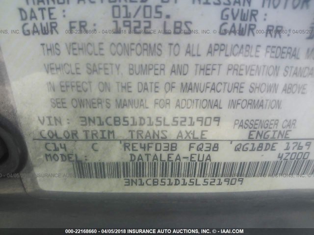 3N1CB51D15L521909 - 2005 NISSAN SENTRA 1.8/1.8S GRAY photo 9