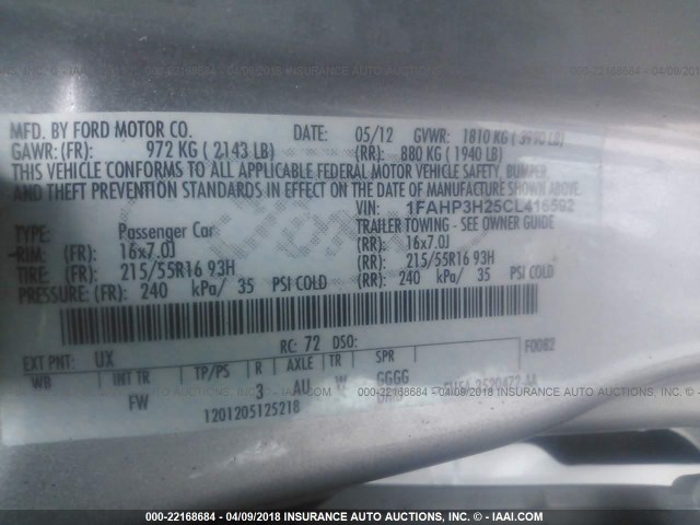 1FAHP3H25CL416592 - 2012 FORD FOCUS SEL SILVER photo 9