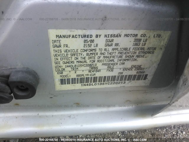 1N4DL01D5YC220213 - 2000 NISSAN ALTIMA XE/GXE/SE/GLE SILVER photo 9