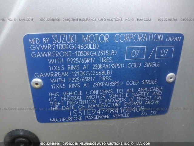 JS3TE947484100408 - 2008 SUZUKI GRAND VITARA LUXURY SILVER photo 9