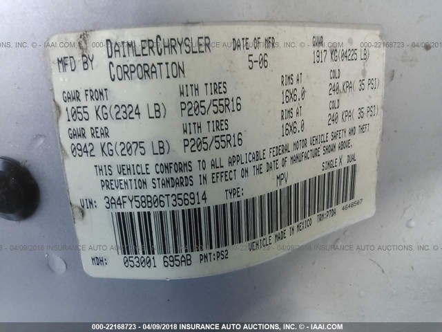 3A4FY58B06T356914 - 2006 CHRYSLER PT CRUISER TOURING SILVER photo 9