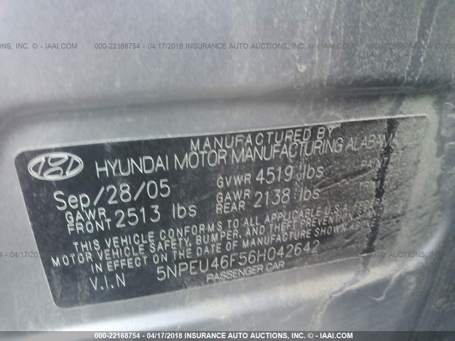 5NPEU46F56H042642 - 2006 HYUNDAI SONATA GLS/LX SILVER photo 9