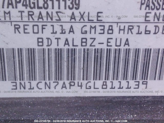 3N1CN7AP4GL811139 - 2016 NISSAN VERSA S/S PLUS/SV/SL GRAY photo 9