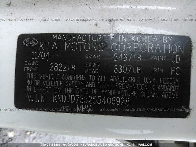 KNDJD733255406928 - 2005 KIA SORENTO EX/LX WHITE photo 9