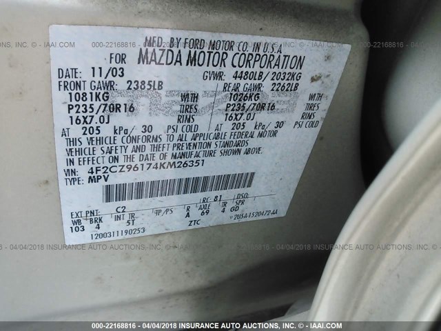 4F2CZ96174KM26351 - 2004 MAZDA TRIBUTE ES GRAY photo 9