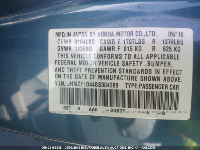 JHMZF1D44BS004289 - 2011 HONDA CR-Z BLUE photo 9