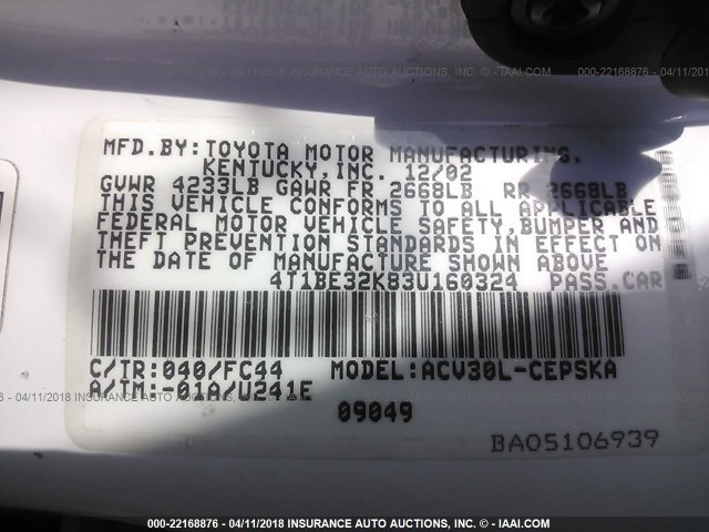 4T1BE32K83U160324 - 2003 TOYOTA CAMRY LE/XLE/SE თეთრი ფოტო 9