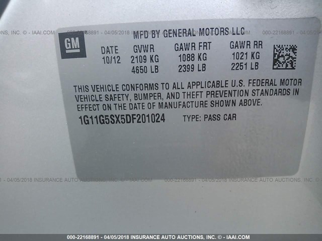 1G11G5SX5DF201024 - 2013 CHEVROLET MALIBU 3LT ვერცხლისფერი ფოტო 9