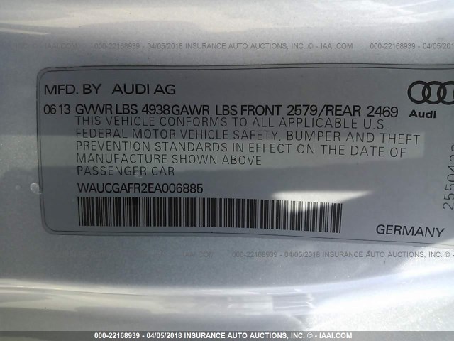 WAUCGAFR2EA006885 - 2014 AUDI S5 PREMIUM PLUS SILVER photo 9