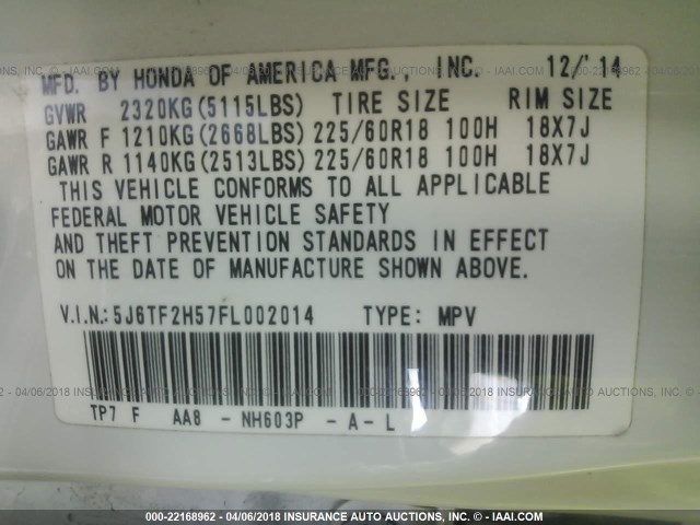 5J6TF2H57FL002014 - 2015 HONDA CROSSTOUR EXL თეთრი ფოტო 9