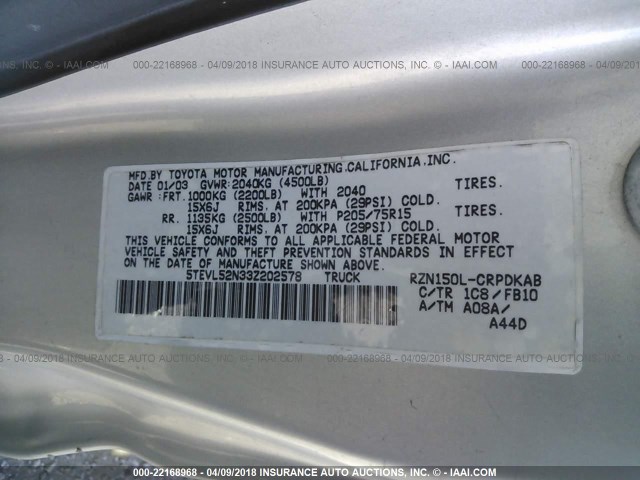 5TEVL52N33Z202578 - 2003 TOYOTA TACOMA XTRACAB SILVER photo 9