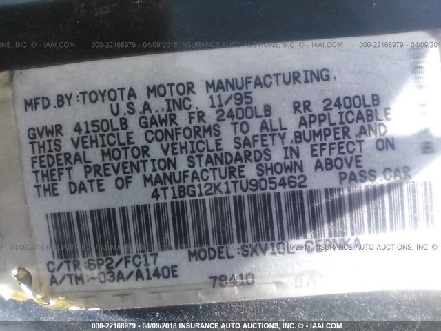 4T1BG12K1TU905462 - 1996 TOYOTA CAMRY DX/LE/XLE GREEN photo 9