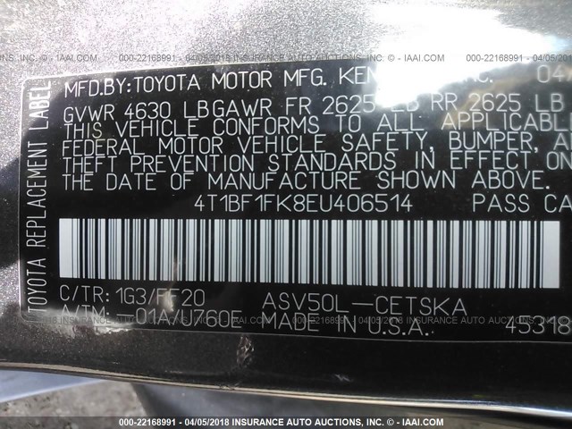 4T1BF1FK8EU406514 - 2014 TOYOTA CAMRY L/SE/LE/XLE 灰色 照片 9