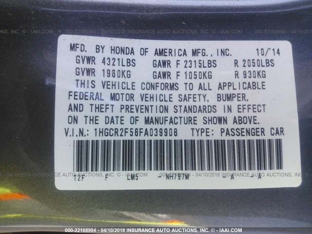 1HGCR2F56FA039908 - 2015 HONDA ACCORD SPORT 蓝色 照片 9