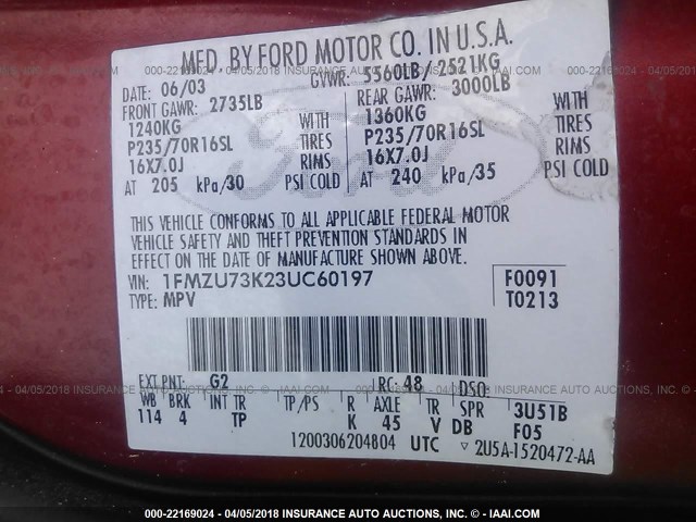 1FMZU73K23UC60197 - 2003 FORD EXPLORER XLT/XLT SPORT/NBX MAROON photo 9