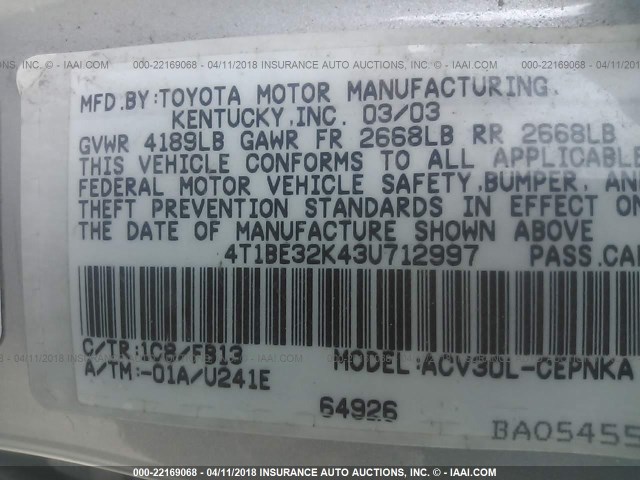 4T1BE32K43U712997 - 2003 TOYOTA CAMRY LE/XLE/SE ვერცხლისფერი ფოტო 9