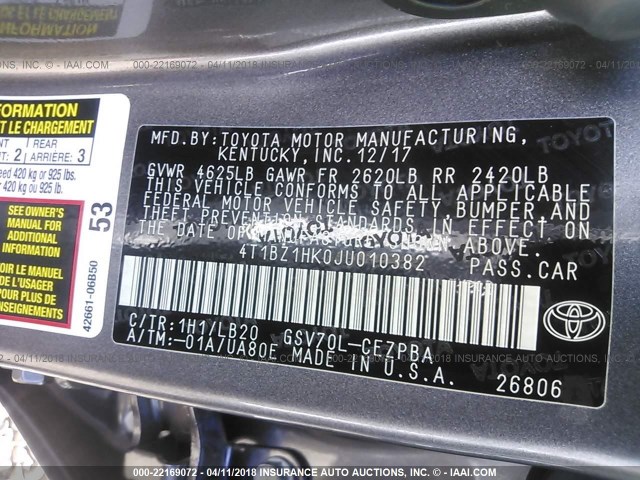 4T1BZ1HK0JU010382 - 2018 TOYOTA CAMRY XSE/XLE Boz foto 9