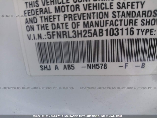 5FNRL3H25AB103116 - 2010 HONDA ODYSSEY LX WHITE photo 9