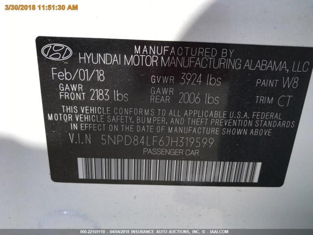 5NPD84LF6JH319599 - 2018 HYUNDAI ELANTRA SEL/VALUE/LIMITED WHITE photo 14