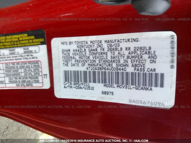 4T1CA38P64U009440 - 2004 TOYOTA CAMRY SOLARA SE/SLE Qırmızı foto 9