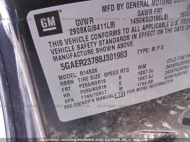 5GAER23788J301963 - 2008 BUICK ENCLAVE CXL 黑色 照片 9