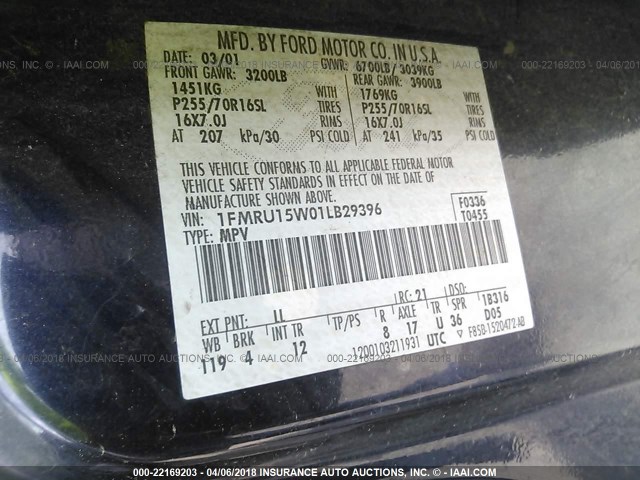 1FMRU15W01LB29396 - 2001 FORD EXPEDITION XLT BLUE photo 9