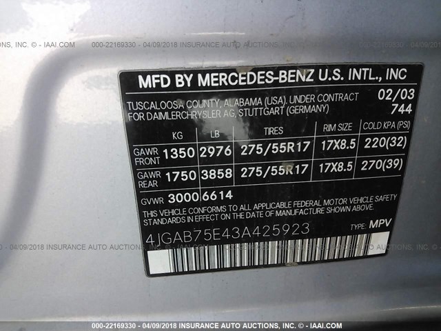 4JGAB75E43A425923 - 2003 MERCEDES-BENZ ML 500 SILVER photo 9