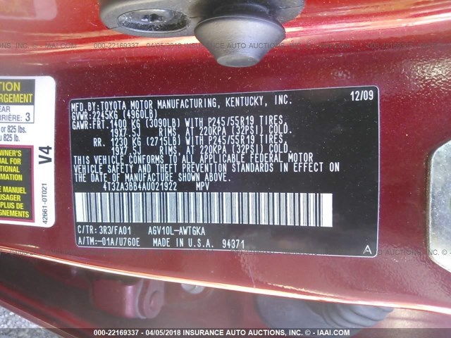 4T3ZA3BB4AU021922 - 2010 TOYOTA VENZA MAROON photo 9