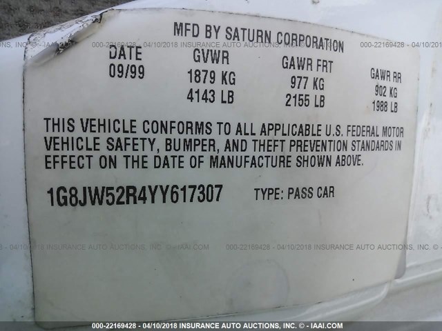 1G8JW52R4YY617307 - 2000 SATURN LS2 WHITE photo 9