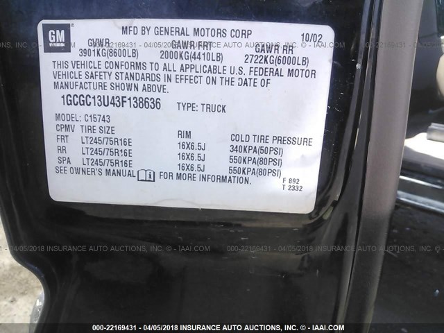 1GCGC13U43F138636 - 2003 CHEVROLET SILVERADO C1500 HEAVY DUTY BLACK photo 9