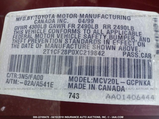 2T1CF28P0XC219842 - 1999 TOYOTA CAMRY SOLARA SE/SLE წითელი ფოტო 9