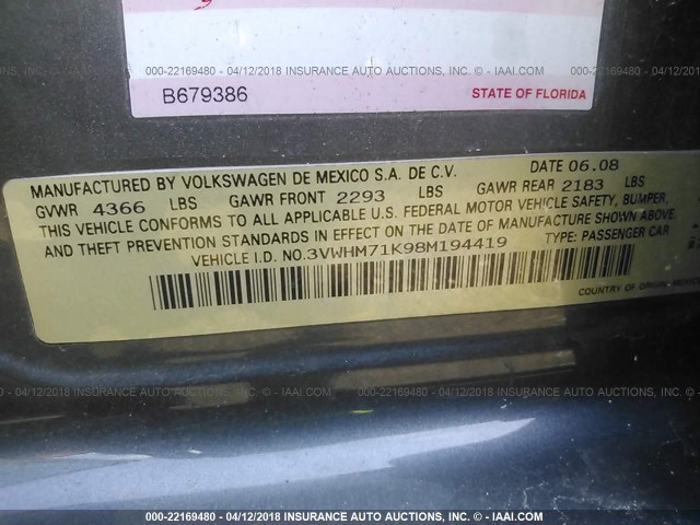 3VWHM71K98M194419 - 2008 VOLKSWAGEN JETTA S 灰色 照片 9