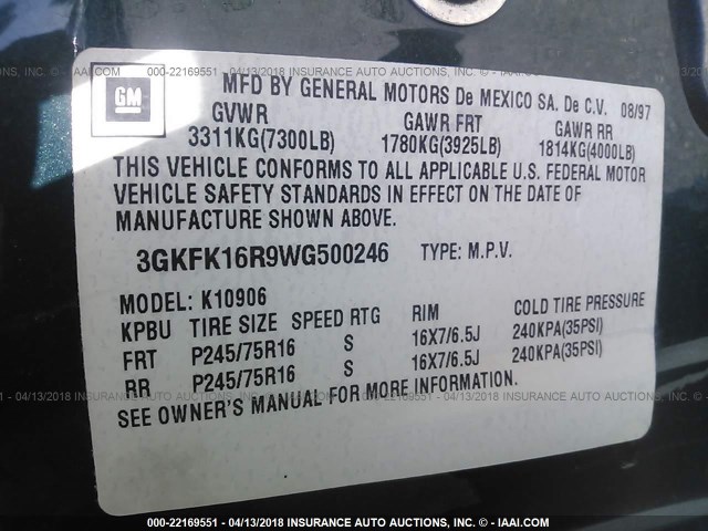 3GKFK16R9WG500246 - 1998 GMC SUBURBAN K1500 GREEN photo 9