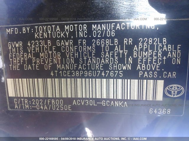 4T1CE38P96U747675 - 2006 TOYOTA CAMRY SOLARA SE/SLE შავი ფოტო 9