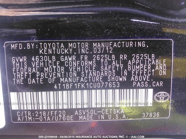 4T1BF1FK1CU077653 - 2012 TOYOTA CAMRY SE/LE/XLE 黑色 照片 9