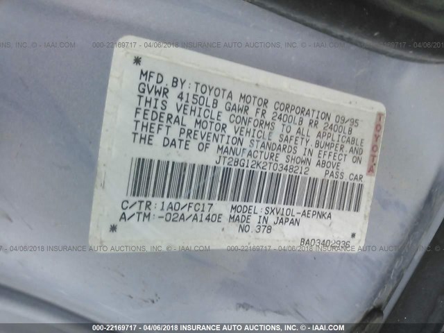 JT2BG12K2T0348212 - 1996 TOYOTA CAMRY DX/LE/XLE SILVER photo 9